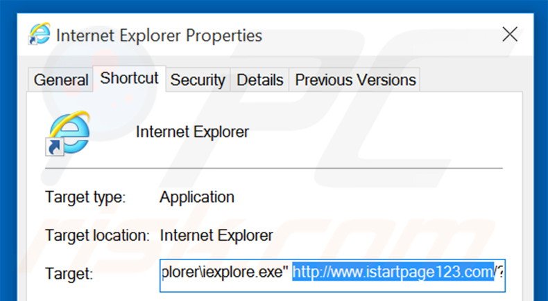 Eliminar istartpage123.com del destino del acceso directo de Internet Explorer paso 2