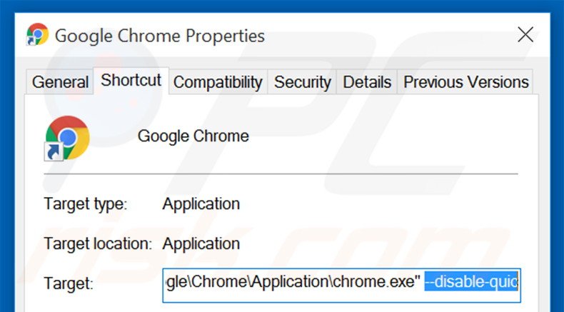 Eliminar istartpageing.com del destino del acceso directo de Google Chrome paso 2