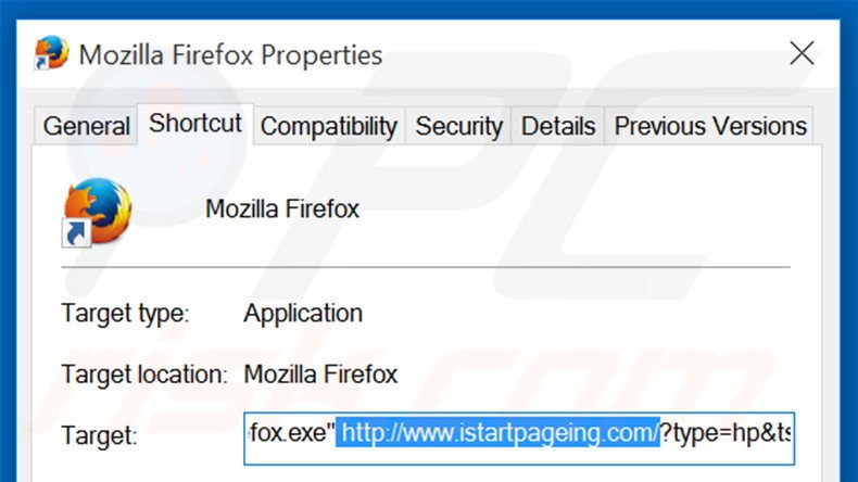 Eliminar istartpageing.com del destino del acceso directo de Mozilla Firefox paso 2