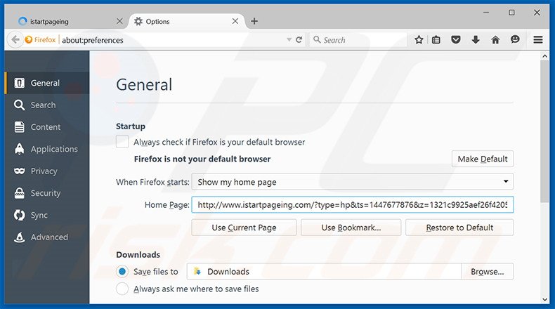 Eliminando istartpageing.com de la página de inicio de Mozilla Firefox