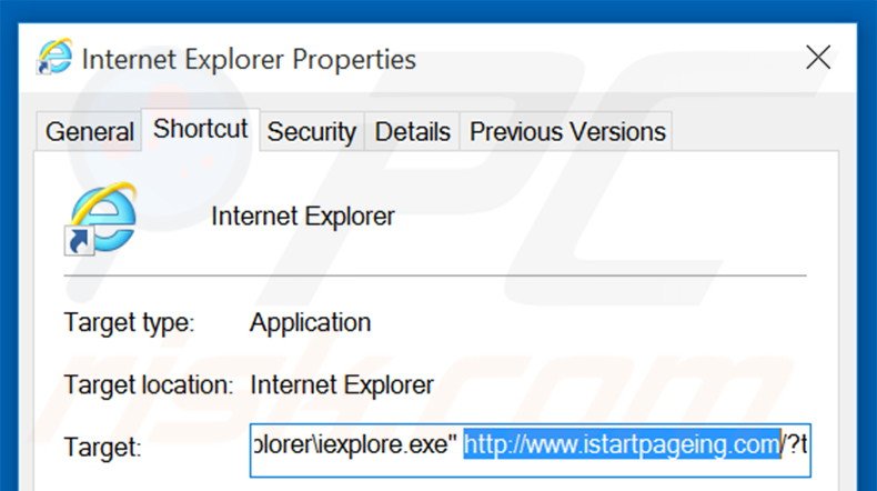 Eliminar istartpageing.com del destino del acceso directo de Internet Explorer paso 2