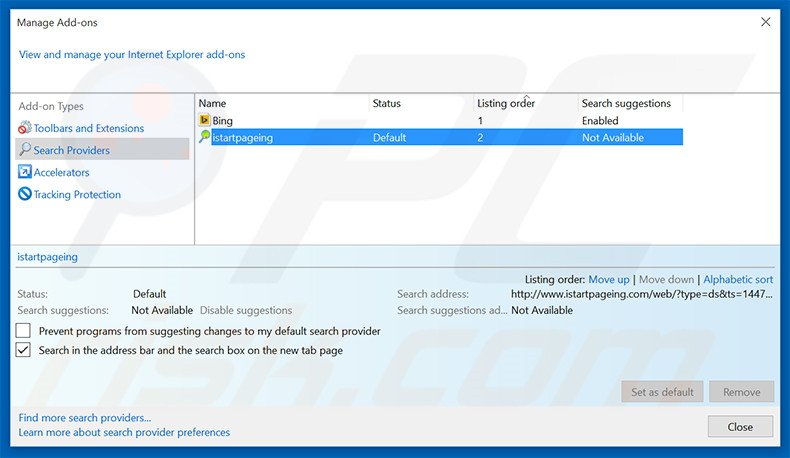Eliminando istartpageing.com del motor de búsqueda por defecto de Internet Explorer