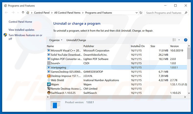 desinstalar el secuestrador de navegadores istartpageing.com desde el Panel de control