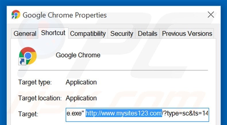 Eliminar mysites123.com del destino del acceso directo de Google Chrome paso 2