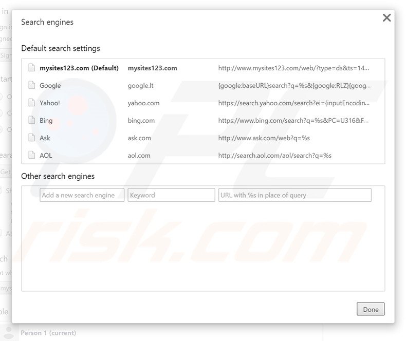 Eliminado mysites123.com del motor de búsqueda predeterminado en Google Chrome