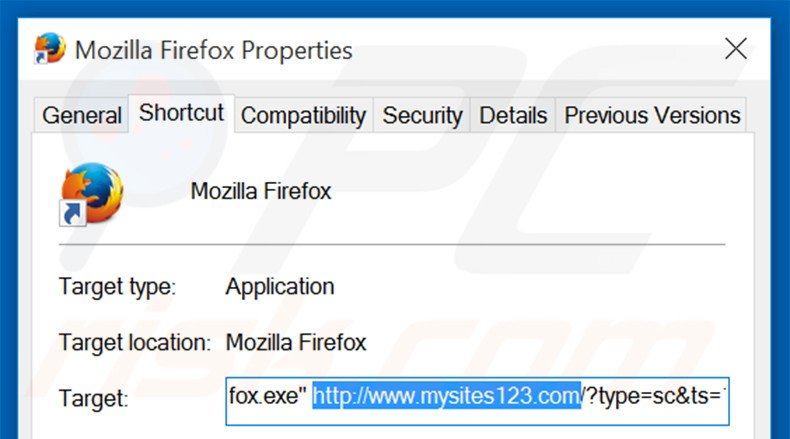 Eliminar mysites123.com del destino del acceso directo de Mozilla Firefox paso 2