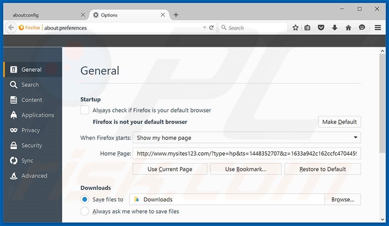 Eliminando mysites123.com de la página de inicio de Mozilla Firefox