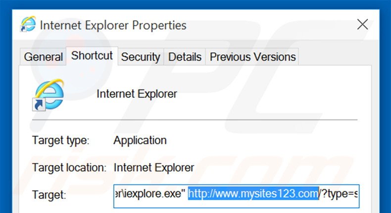 Eliminar mysites123.com del destino del acceso directo de Internet Explorer paso 2