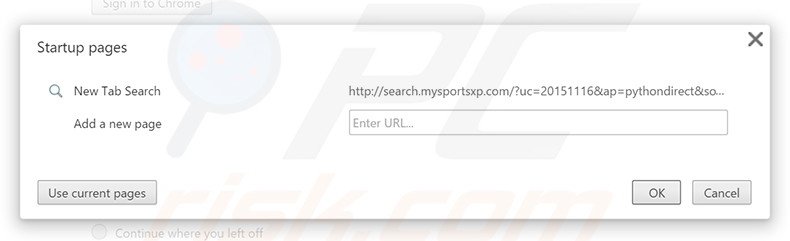 Eliminando search.mysportsxp.com de la página de inicio de Google Chrome