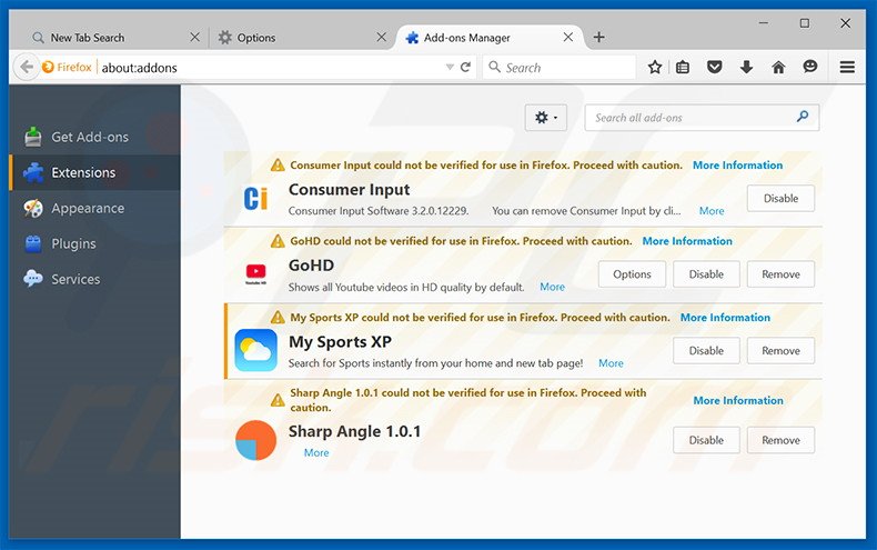 Eliminando search.mysportsxp.com de las extensiones de Mozilla Firefox