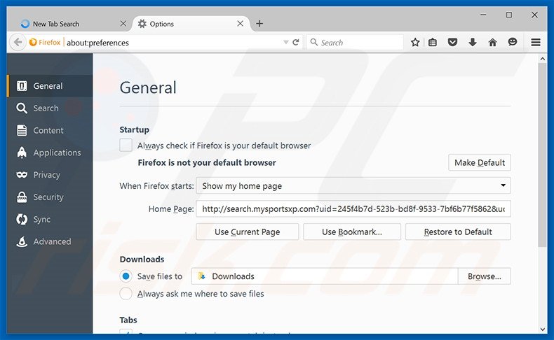 Eliminando search.mysportsxp.com de la página de inicio de Mozilla Firefox