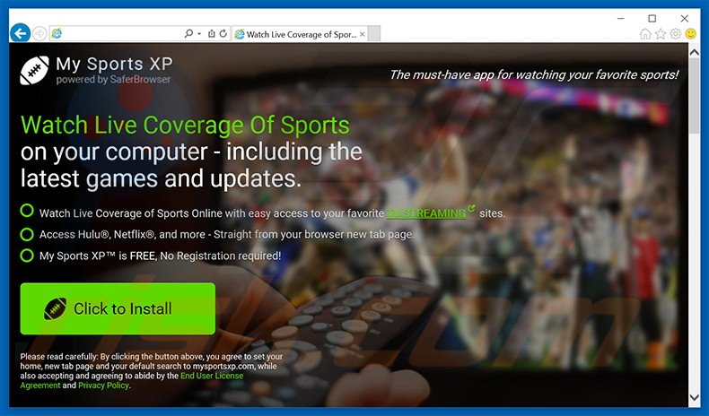 Sitio web que promociona el secuestrador de navegadores My Sports XP