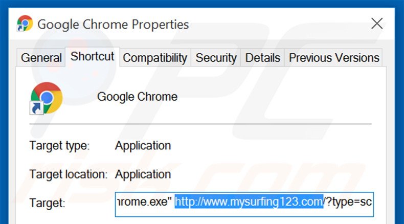 Eliminar mysurfing123.com del destino del acceso directo de Google Chrome paso 2