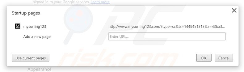 Eliminando mysurfing123.com de la página de inicio de Google Chrome
