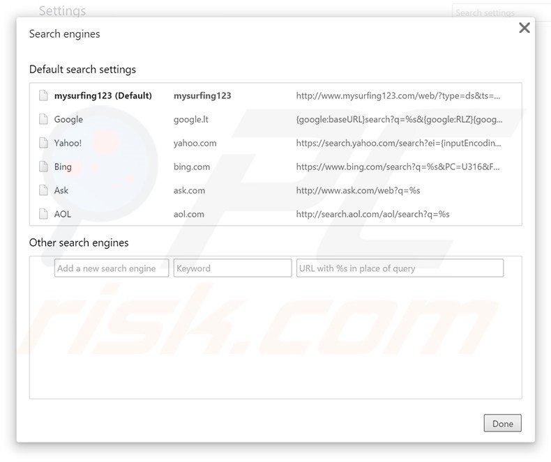 Eliminado mysurfing123.com del motor de búsqueda predeterminado en Google Chrome