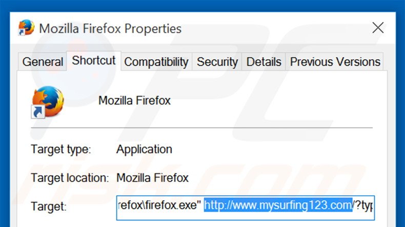 Eliminar mysurfing123.com del destino del acceso directo de Mozilla Firefox paso 2