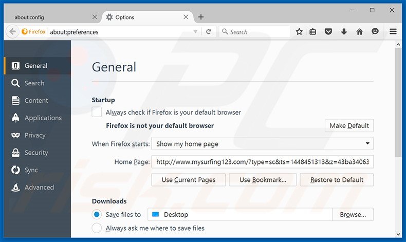 Eliminando mysurfing123.com de la página de inicio de Mozilla Firefox
