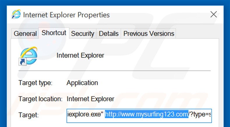 Eliminar mysurfing123.com del destino del acceso directo de Internet Explorer paso 2