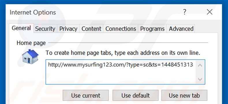 Eliminando mysurfing123.com de la página de inicio de Internet Explorer