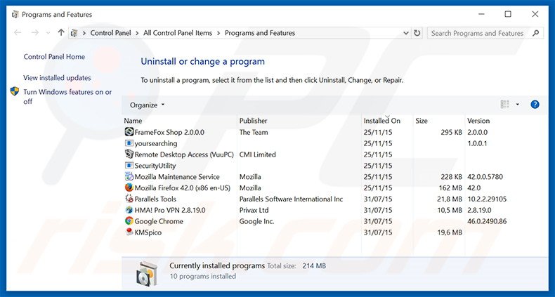 desinstalar el secuestrador de navegadores mysurfing123.com con el Panel de control