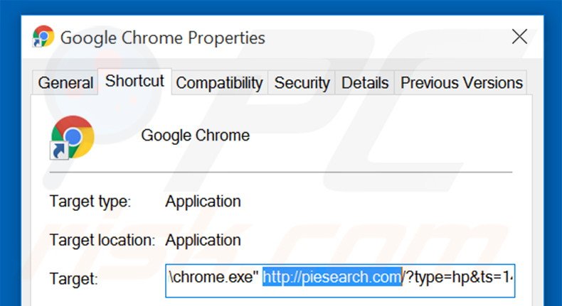 Eliminar piesearch.com del destino del acceso directo de Google Chrome paso 2
