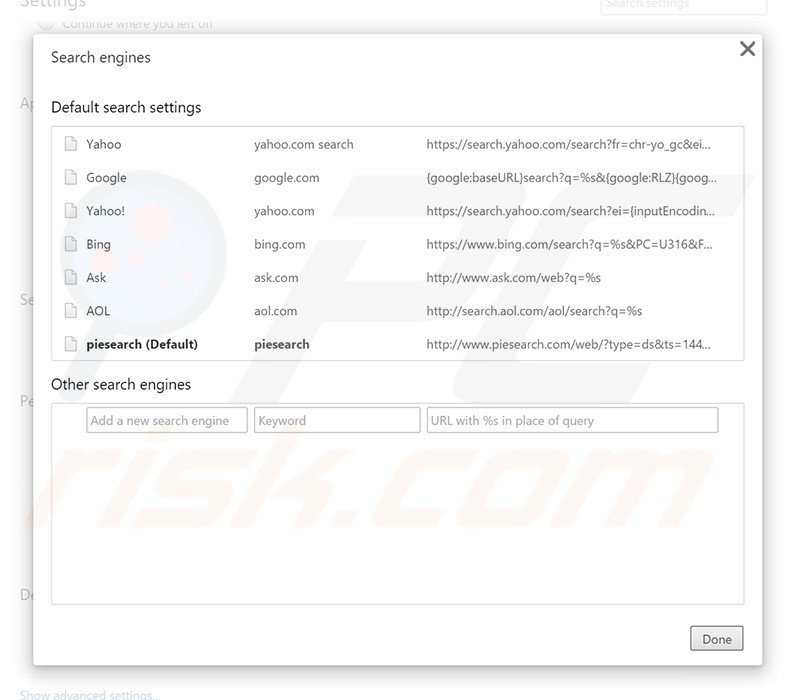 Eliminando piesearch.com del motor de búsqueda por defecto de Google Chrome