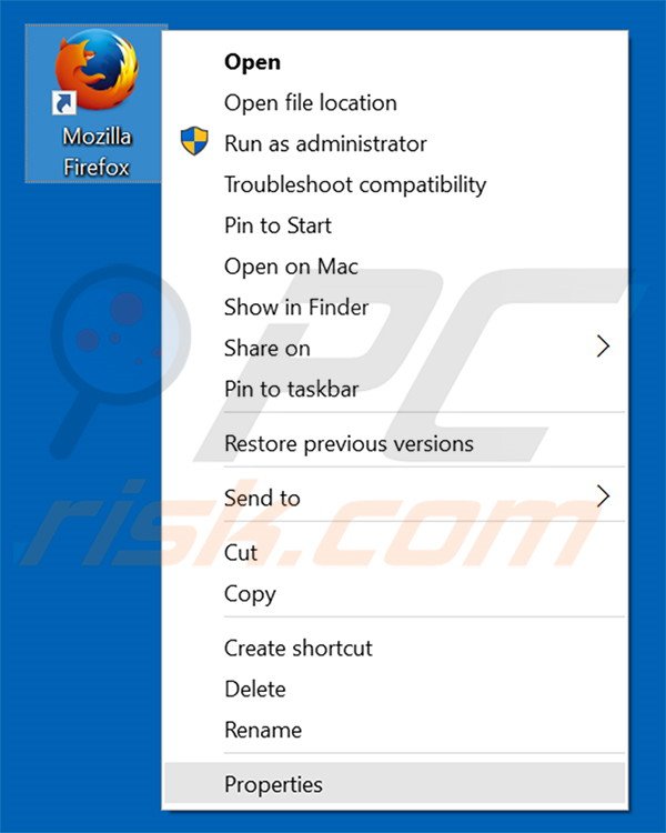 Eliminar piesearch.com del destino del acceso directo de Mozilla Firefox paso 1