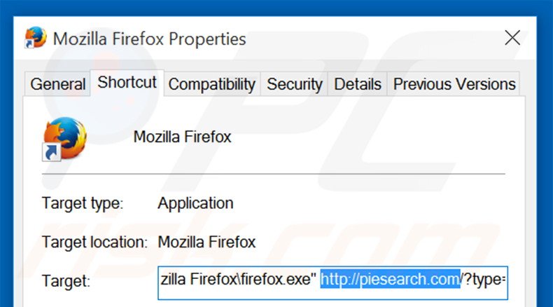 Eliminar piesearch.com del destino del acceso directo de Mozilla Firefox paso 2