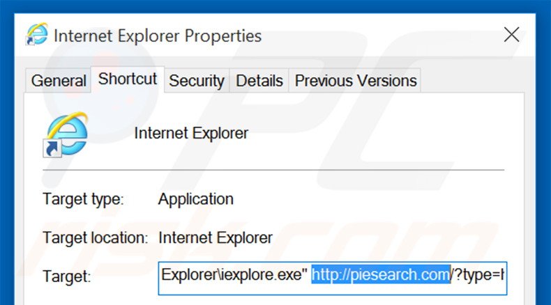 Eliminar piesearch.com del destino del acceso directo de Internet Explorer paso 2