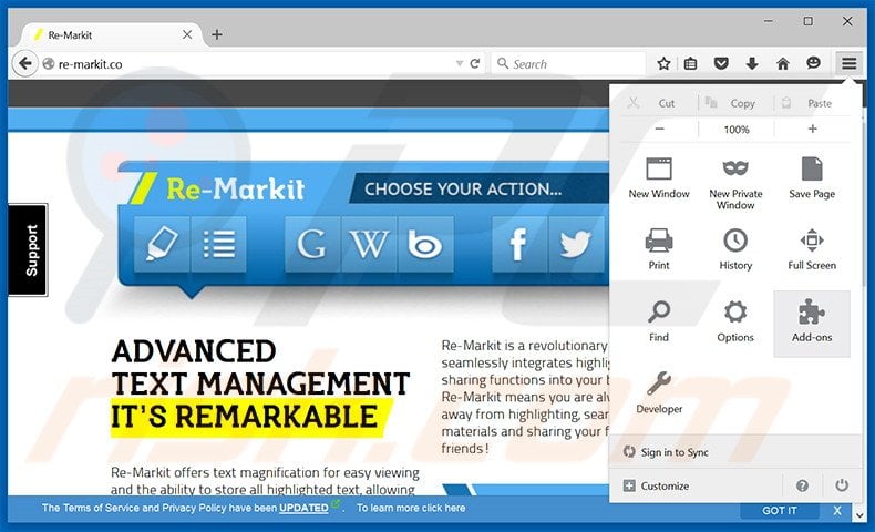 Eliminando los anuncios Re-Markit de Mozilla Firefox paso 1