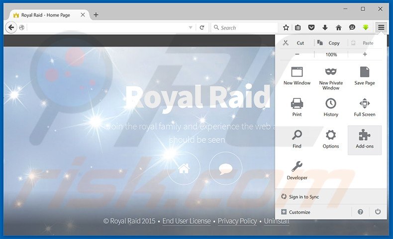 Eliminando los anuncios de Royal Raid de Mozilla Firefox paso 1