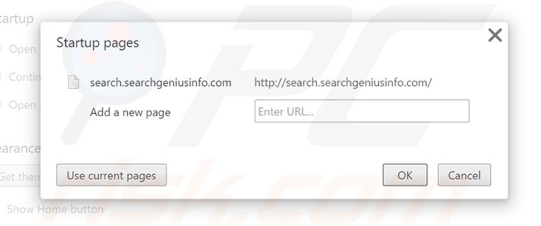 Eliminando search.searchgeniusinfo.com de la página de inicio de Google Chrome