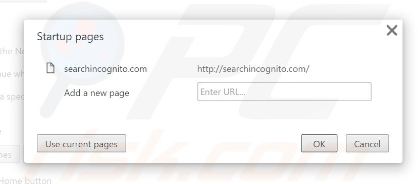 Eliminando searchincognito.com de la página de inicio de Google Chrome