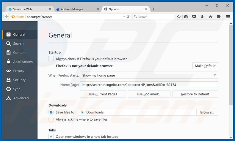 Eliminando searchincognito.com de la página de inicio de Mozilla Firefox