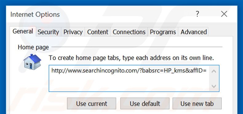 Eliminando searchincognito.com de la página de inicio de Internet Explorer