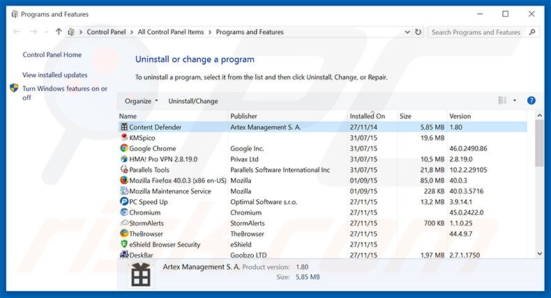 desinstalar el adware Serpens del Panel de control