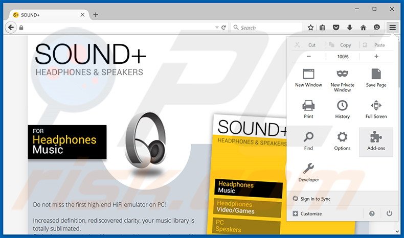 Eliminando los anuncios Sound+ de Mozilla Firefox paso 1