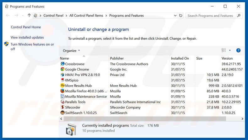 desinstalar el secuestrador de navegadores srch.bar desde el Panel de control