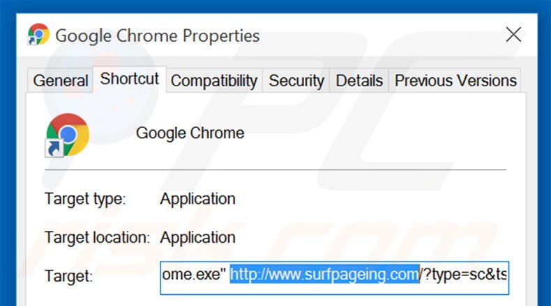 Eliminar surfpageing.com del destino del acceso directo de Google Chrome paso 2