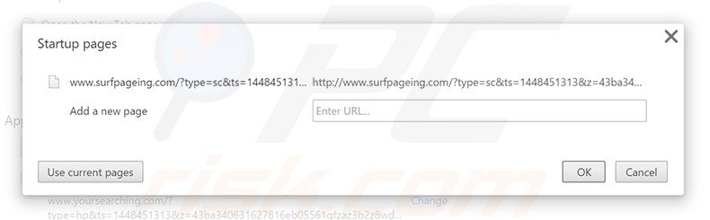 Eliminando surfpageing.com de la página de inicio de Google Chrome