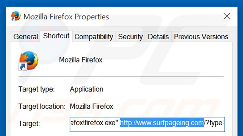 Eliminar surfpageing.com del destino del acceso directo de Mozilla Firefox paso 2