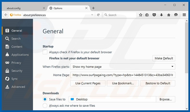 Eliminando surfpageing.com de la página de inicio de Mozilla Firefox