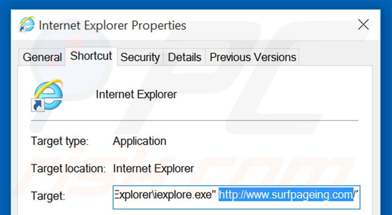 Eliminar surfpageing.com del destino del acceso directo de Internet Explorer paso 2