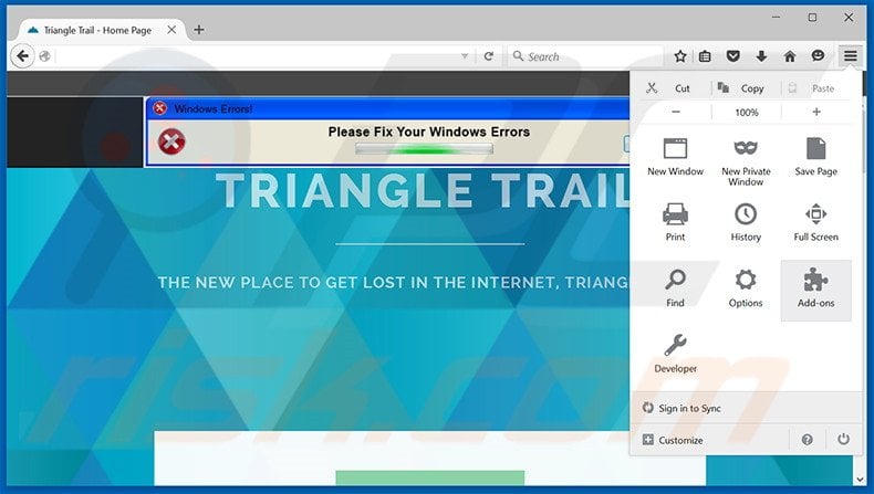 Eliminando los anuncios de Triangle Trail de Mozilla Firefox paso 1