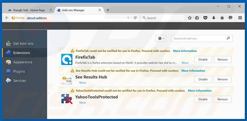 Eliminando los anuncios de Triangle Trail de Mozilla Firefox paso 2