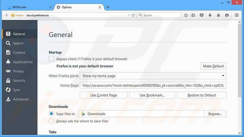Eliminando wow.com de la página de inicio de Mozilla Firefox