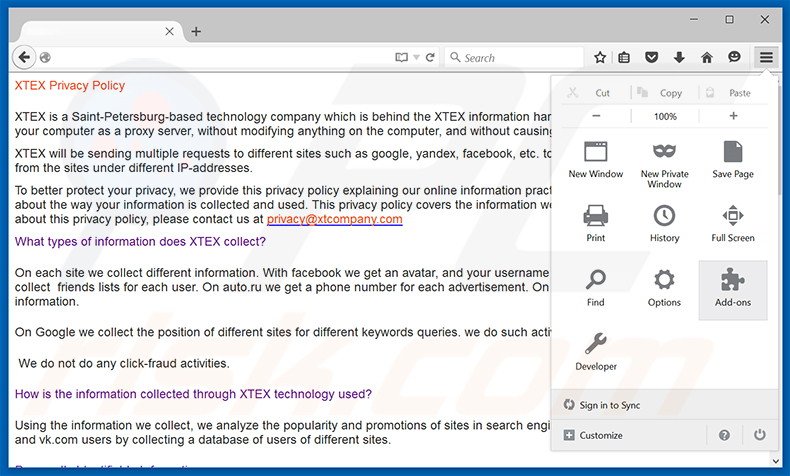Eliminando los anuncios XTEX de Mozilla Firefox paso 1