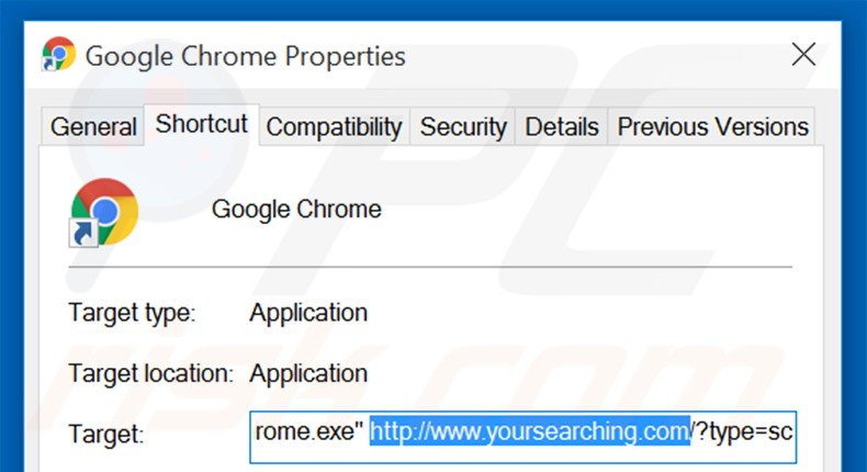 Eliminar yoursearching.com del destino del acceso directo de Google Chrome paso 2