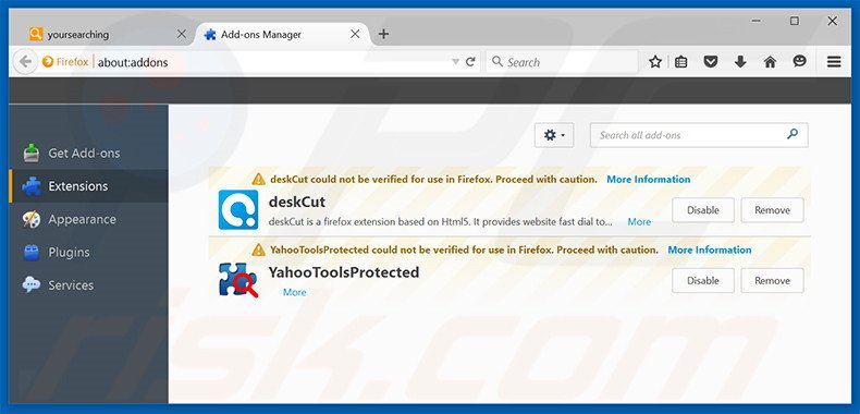 Eliminando yoursearching.com de las extensiones de Mozilla Firefox