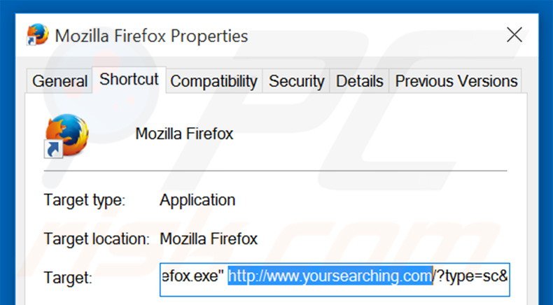 Eliminar yoursearching.com del destino del acceso directo de Mozilla Firefox paso 2